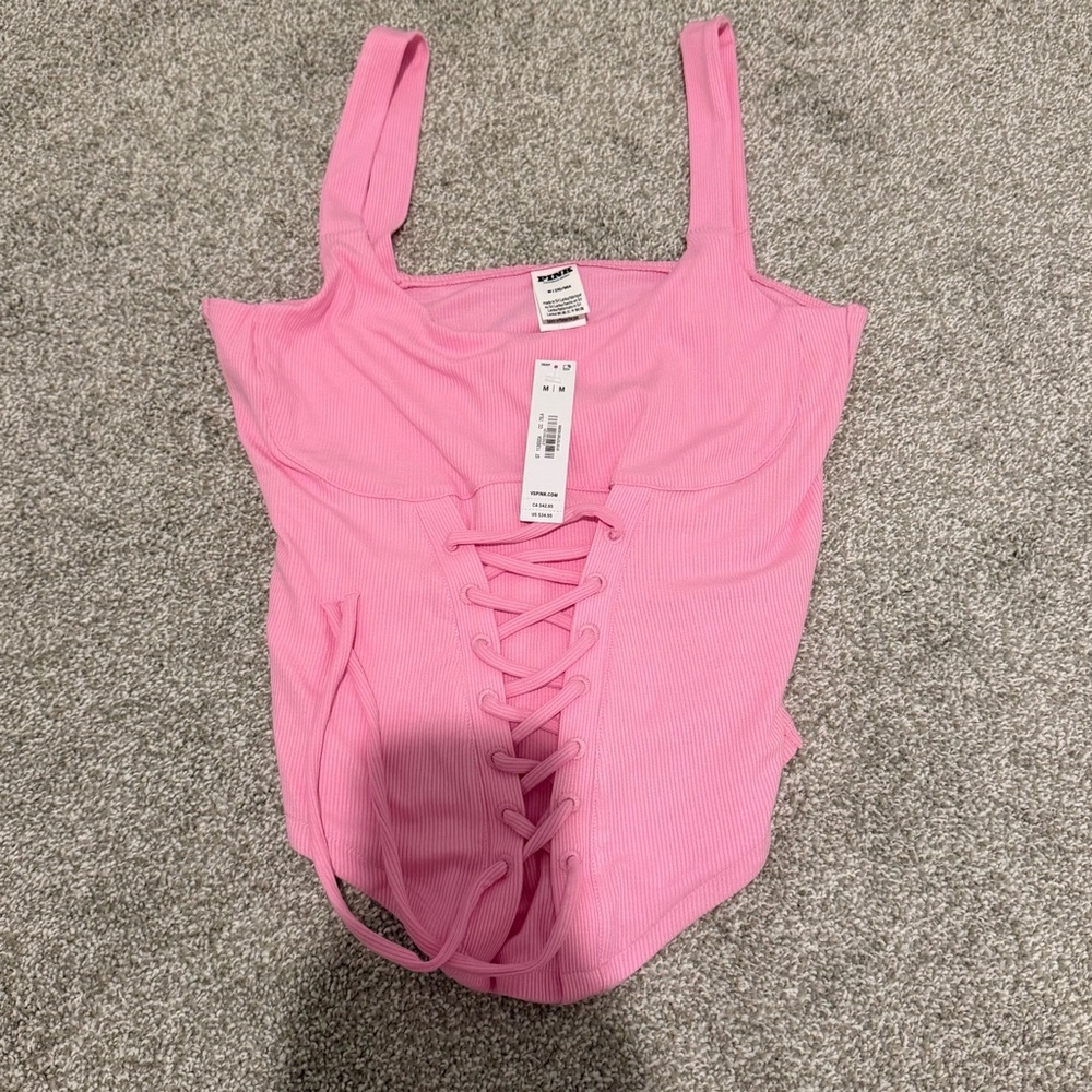 Pink Ribbed Lace-Up Top